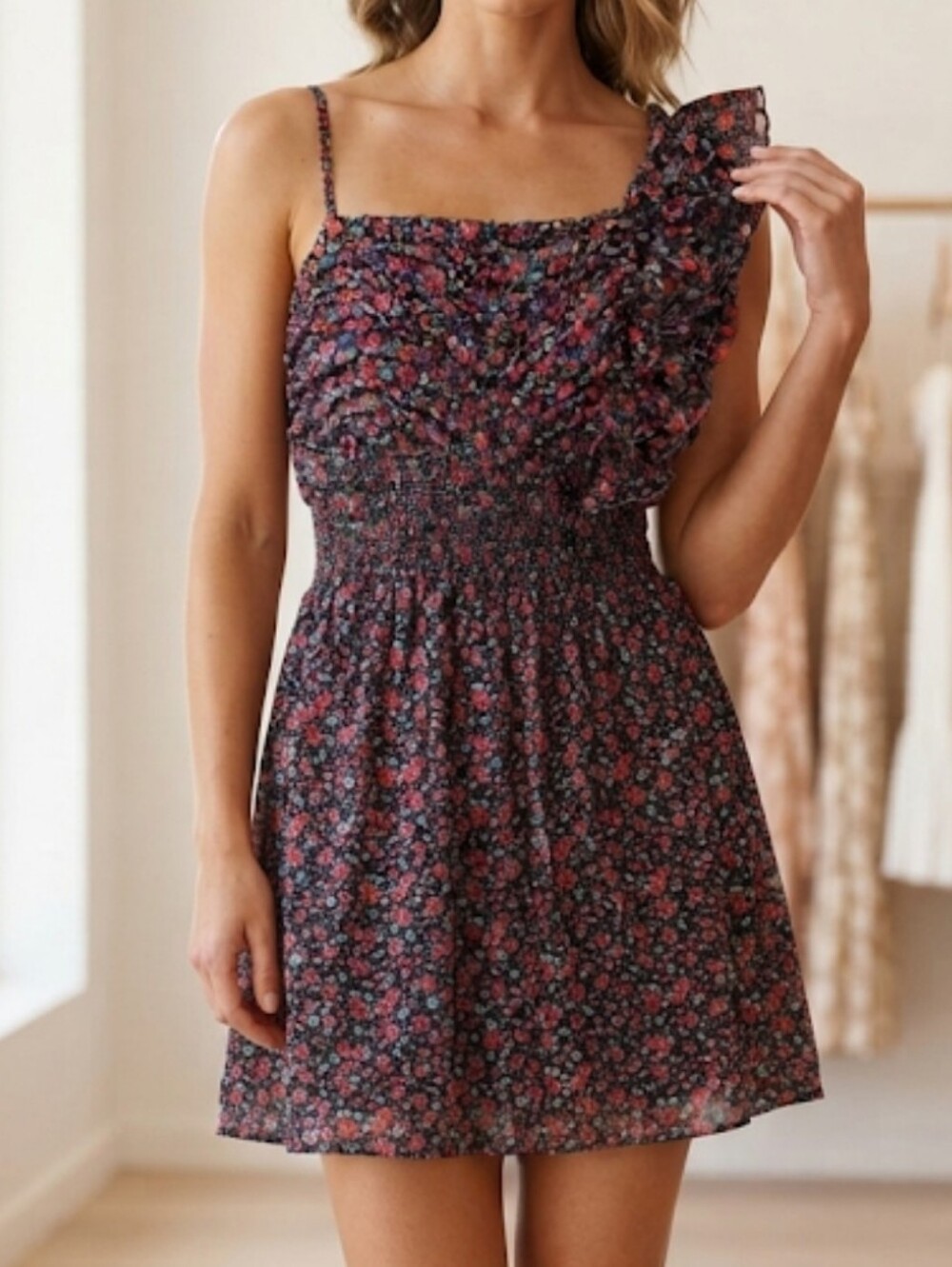 Chelsea & Violet One Shoulder Floral Smocked Mini Dress Large